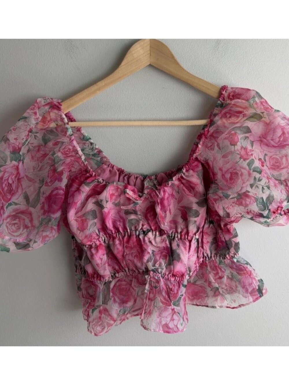 Joie Floral Organza Puff Sleeve Crop Top Pink Rose Ruched Size Small Women’s